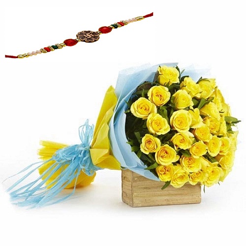 Swastik Rakhi with Yellow Roses